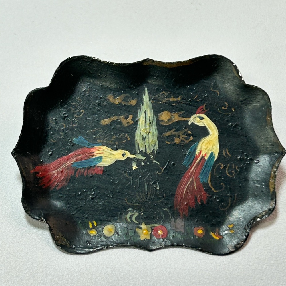 Vintage mini “tole” tray hand painted birds crane brooch pin